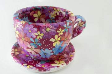 Decoupage decorated huge coffee mug. Flower pattern decoupage de