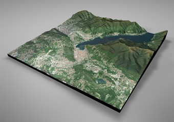 Vista satellitare del lago di Como e zone limitrofe mappa in 3d, Lombardia, Italia