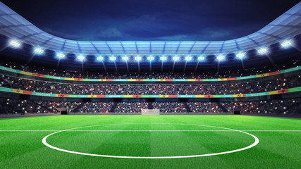 lighted football stadium with fans in the stands - obrazy, fototapety, plakaty