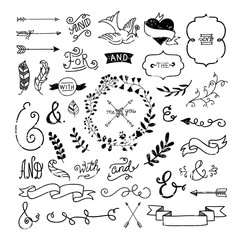 Vintage design elements: wreaths, ribbons, frames, arrows, curls