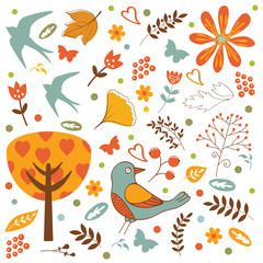 Autumn set with birds, flowers and leaves
