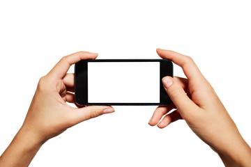 Female teen hands using mobile phone with white screen, isolated