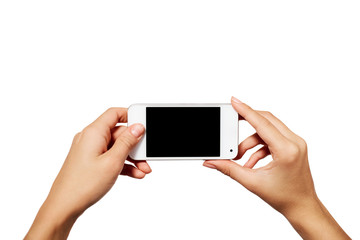 Hand holding smartphone with blank screen isolated on white back