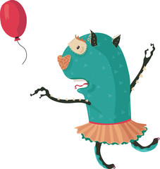Cute strange monster catching baloon, raster illustration, isolated on white