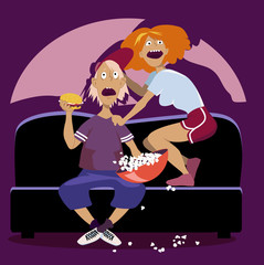 Teenage boy and girl watching a scary movie sitting on a couch with popcorn and a burger, both screaming, EPS 8 vector illustration, no transparencies