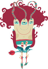 Cute strange monster going to date with a flower, vector illustr