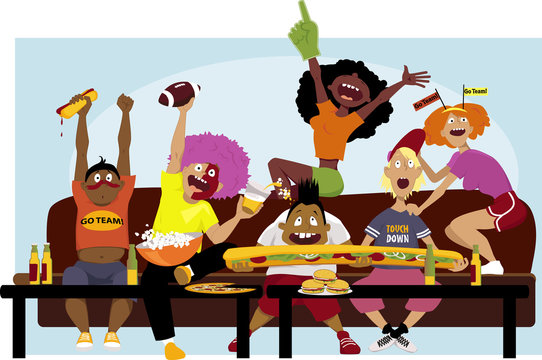 Diverse group of friends watching a football game on TV, cheering, eating and drinking, vector illustration, no transparencies, EPS 8