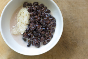 Sticky rice, black beans, candy