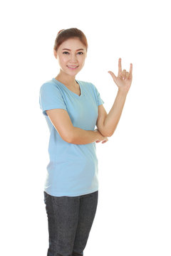 woman in t-shirt with hand sign I love you