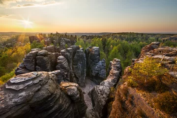 Tuinposter Sunset at Tisá walls / Sunset in the sandstone rock area of Tisá walls in the Czech republic. © honzamoravec