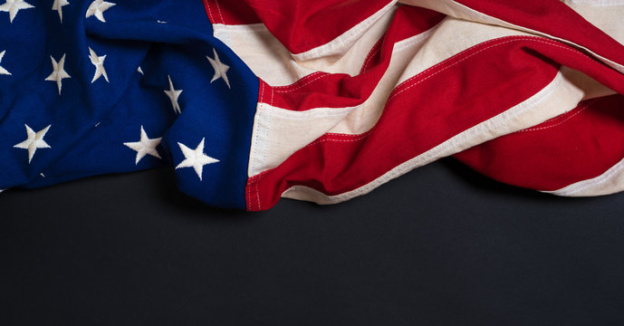 Vintage American Flag on black with copy space