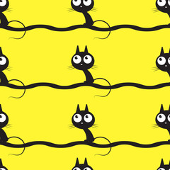 Vector seamless pattern with cute cartoon  black cats on a yellow background.