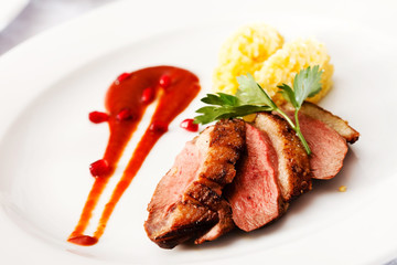 roasted duck breast on Christmas table