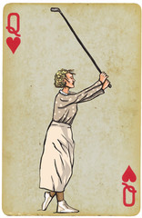 Playing Card, Queen - Vintage Golfer, an woman. Freehand drawing © kuco