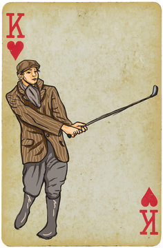 Playing Card, King - Vintage Golfer, an Man. Freehand drawing.