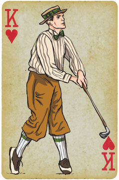 Playing Card, King - Vintage Golfer, an Man. Freehand drawing.