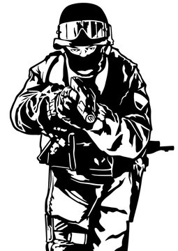 recommend clip art: Special Police Forces - Black and White Illustration, Vector