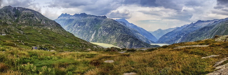 Fototapeta premium View on Hasli valley from Grimselpass, Bern canton, Switzerland
