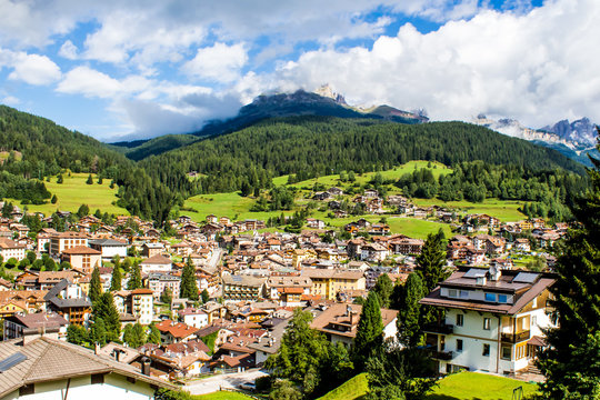 Cityscape of Moena in the Dolomites, Italy