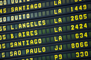 Airport departures board to South American travel destinations