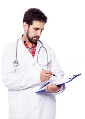 Male doctor writing a prescription in the clipboard, isolated on