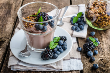 Chocolate pudding with berries