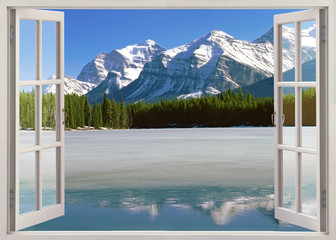 Panoramic view to Canadian Rockies Mountains from open window - 90147859