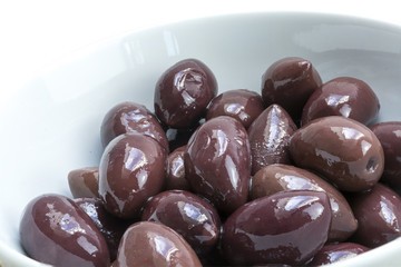Kalamata olives from Greece in a white bowl