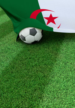 Soccer ball and national flag of Algeria,  green grass
