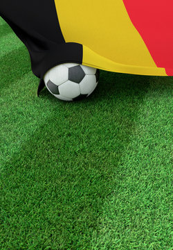 Soccer ball and national flag of Belgium,  green grass