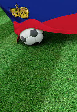 Soccer ball and national flag of Lichtenstein,  green grass