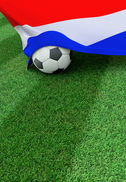 Soccer ball and national flag of Nederland,  green grass