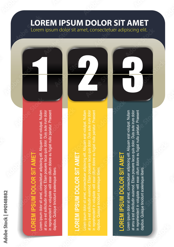 Poster Three steps with number and with colored tapes for text