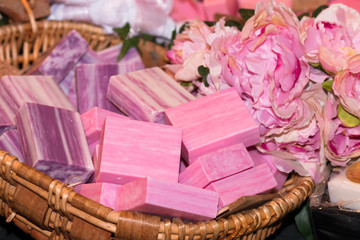 Bars of pink soap in a basket