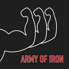 Three man's arms with big muscles and text