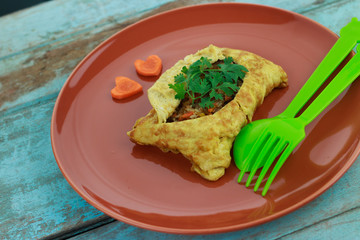 stuffed omelette, Omelet with vegetable salad and Heart-shaped c