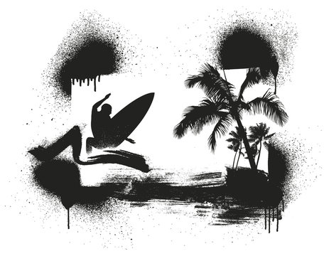 stencil surf and summer scene with palms and surfer