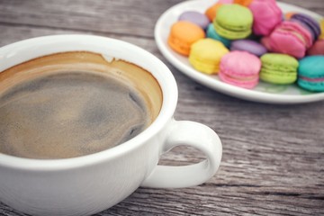 French macaroons with hot coffee