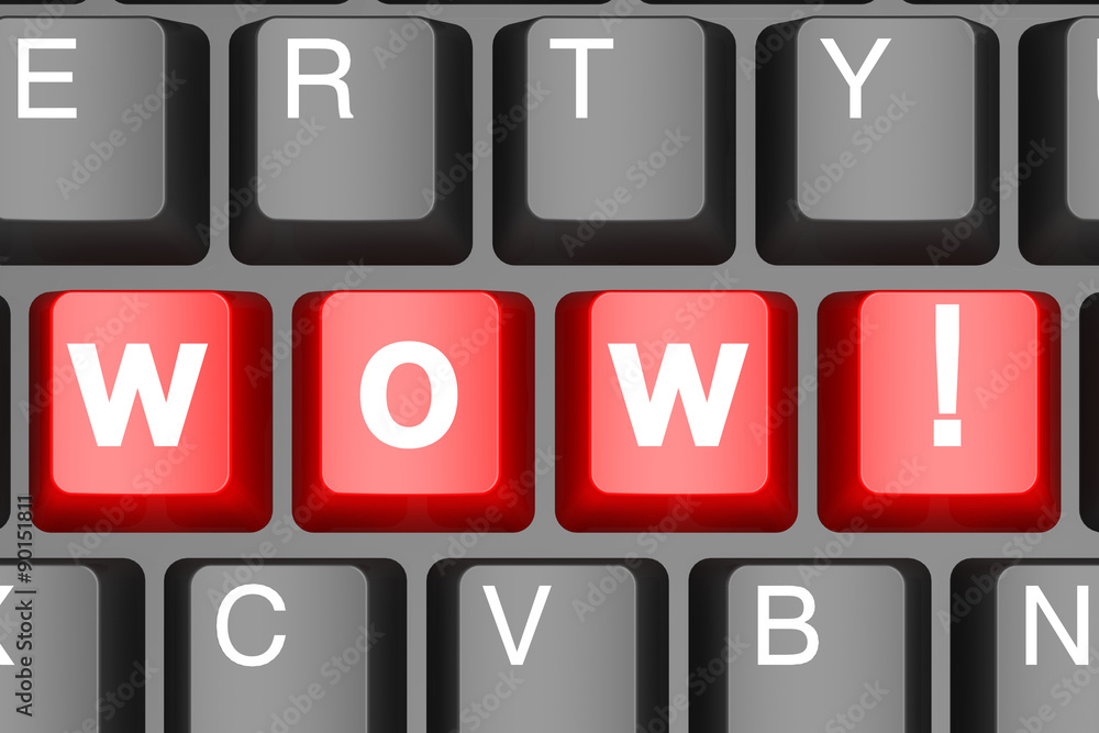 Aufkleber wow button on modern computer keyboard