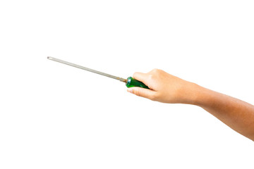 Hand hold screwdriver on white background