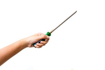 Hand hold screwdriver on white background