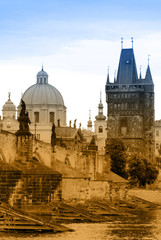 Fototapeta na wymiar Two-color toned postcard with view of Prague
