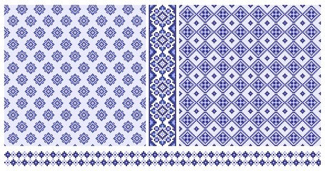 Set of blue ethnic cross stitched seamless patterns and borders