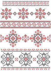 Set of vector black and red cross stitch ethnic borders.