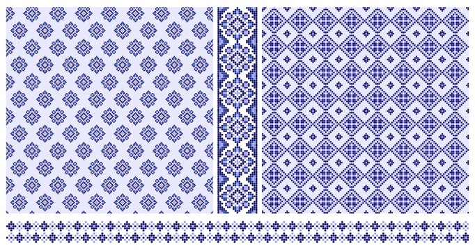 Set of blue ethnic cross stitched seamless patterns and borders