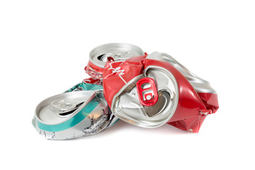Naklejka premium Compressed cans isolated on a white background. Recyclable garba