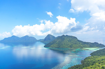 Aerial view of tropical island of Bohey Dulang near Siapdan Island, Sabah Borneo, Malaysia..