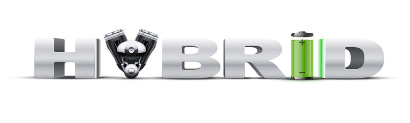 Silver letters Hybrid on with engine and battery.