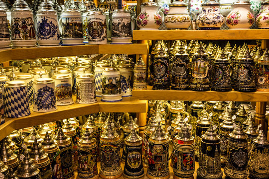 Beer cups in souvenir shop, Munich, Bavaria, Germany
