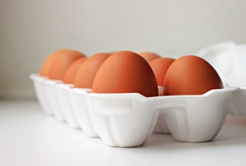 fresh eggs raw chicken white box background soft focus